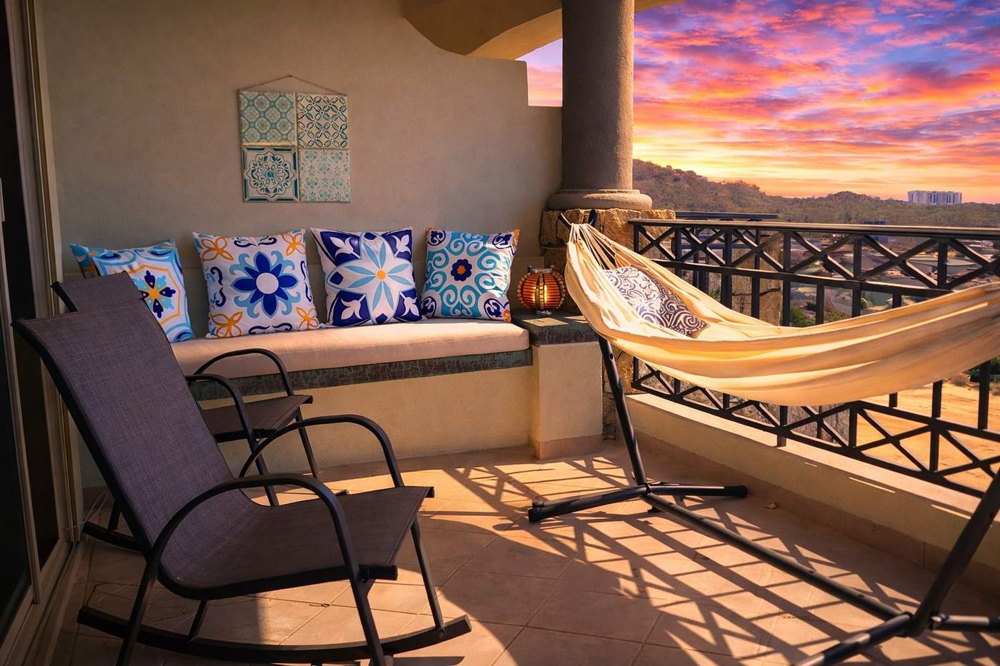 Casa de Corona terrace at sunset with hammock and ocean views